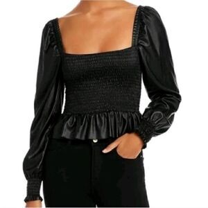 7 For Mankind Square Neck Smocked Faux Leather Top